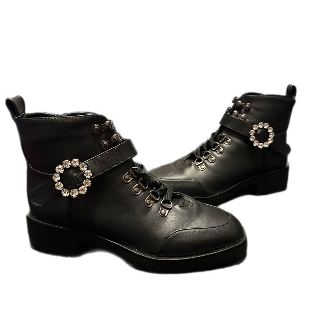 Nanette Lepore Black boots with‎ rhinestone buckle